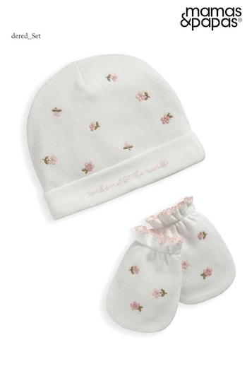 Mamas & Papas Hat & Mitten White Embroidered Set (811124) | £14