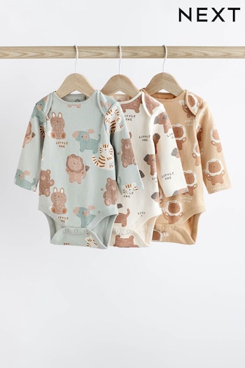Green/Neutral Long Sleeve Ribbed Baby Bodysuits 3 Pack (811191) | £12 - £14