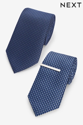 Navy Blue Textured Tie With Tie Clip 2 Pack (811632) | £20