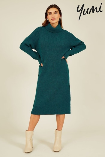 High Neck Long Sleeve Midi Dress In Green - Women from Yumi UK