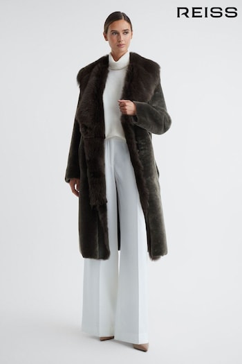 Reiss Brown Dahlia Reversible Longline Leather Shearling Coat (812972) | £1,498