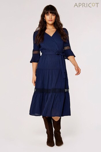 Apricot Navy Blue Self Check Crochet Folk Dress (813260) | £39