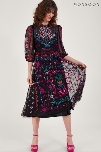Monsoon Maddie Embroidered Tea Black Dress (813786) | £175
