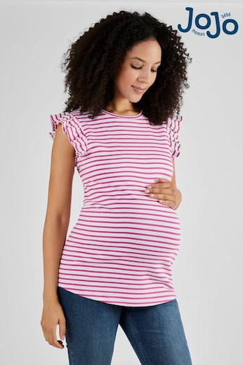JoJo Maman Bébé Pink Stripe Crew Neck Flutter Maternity Top (813979) | £22