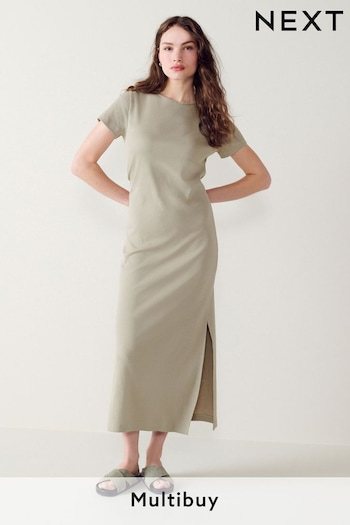 Stone Grey Ribbed T-Shirt Style Column Maxi Dress With Slit Detail (814107) | £16
