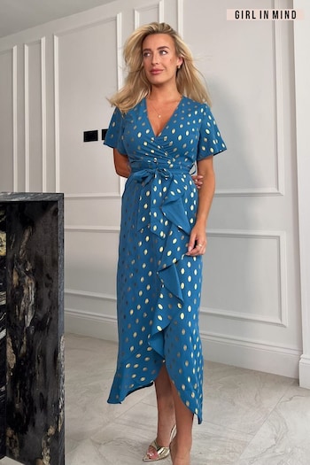 Girl In Mind Blue Metallic Foil Spot Petite Farren Wrap Maxi Dress (814452) | £29