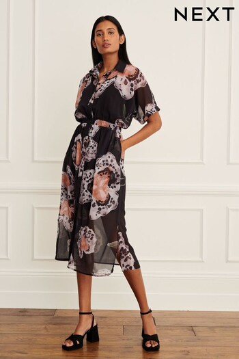 Black and Orange Printed Short Sleeve Tie Waist Midi Dress (814533) | £56