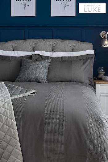 Charcoal Grey Collection Luxe 300 Thread Count 100% Cotton Sateen Waffle Stripe Duvet Cover And Pillowcase Set (814824) | £52 - £82