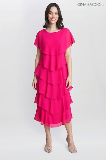 Gina Bacconi Pink Tessa Midi Tiered Dress With Shoulder Trim (814964) | £240