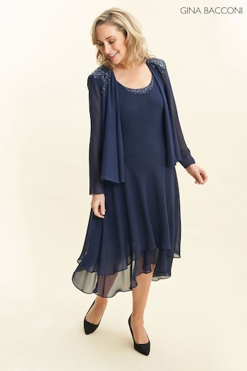 Gina Bacconi Blue Lilibeth Sequin Beaded Shoulder Jacket Dress (815045) | £340