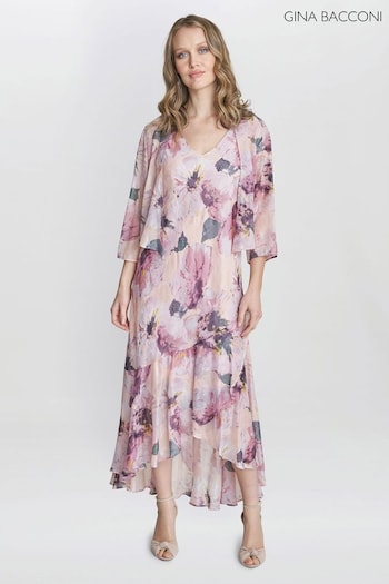 Gina Bacconi Pink Nadia Midi Length Chiffon Printed Dress And Jacket (815105) | £250