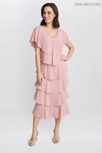 Gina Bacconi Pink Rebecca Midi Tiered Dress With Shoulder Trim (815144) | £240