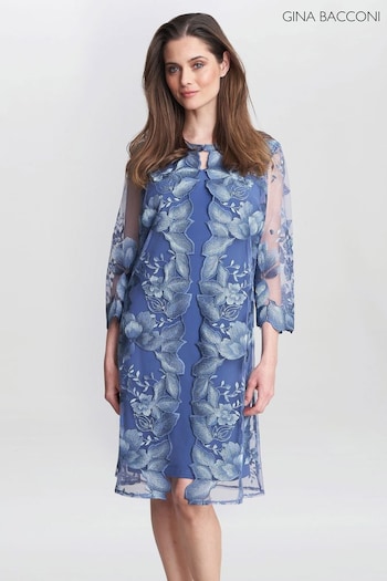 Gina albicocca Bacconi Blue Savoy Embroidered Lace Mock Jacket With Jersey Dress (815235) | £320