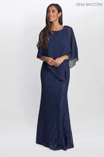 Gina Bacconi Blue Ginger Sequin Lace Dress With Chiffon Dress (815254) | £299