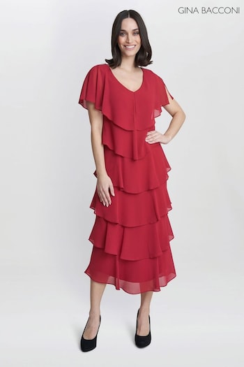 Gina Bacconi Red Rebecca Midi Tiered Dress With Shoulder Trim (815281) | £240