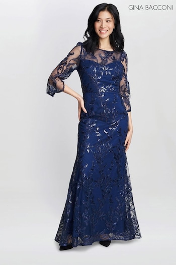 Gina Qualidade Bacconi Blue Jordana Beaded Maxi Dress With Illusion Sleeves (815284) | £350