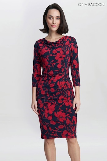 Gina Bacconi Blue Abbie Printed Jersey Cowl Neck Dress (815293) | £120
