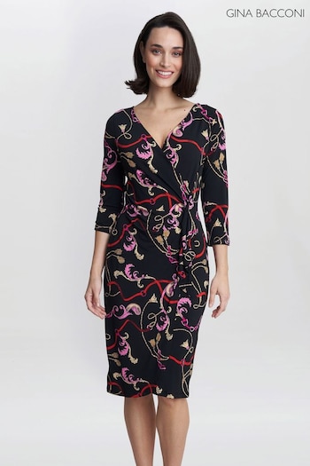 Gina Bacconi Alexandra Printed Jersey Ruffle Black Dress (815311) | £120