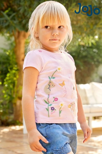 JoJo Maman Bébé Pale Pink Stripe Mouse Appliqué T-Shirt (815810) | £16