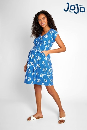 JoJo Maman Bébé Blue Floral Print Pleated Maternity and Nursing Tunic Dress (815834) | £12