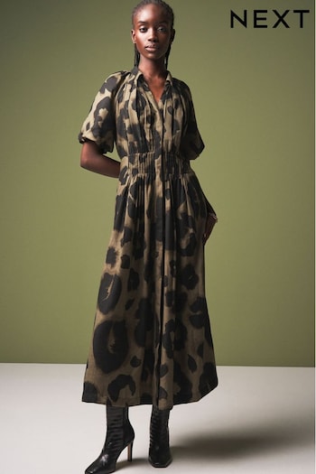 Khaki Green Animal Print Puff Sleeve Midi Dress (816064) | £36.50