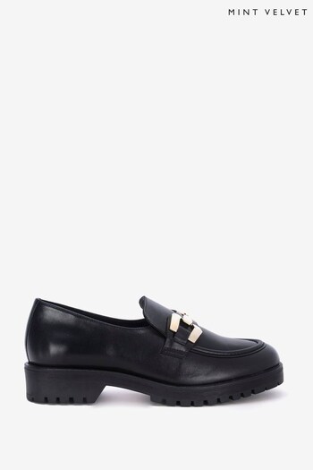 Mint Velvet Black Leather Chain Loafers (816610) | £119