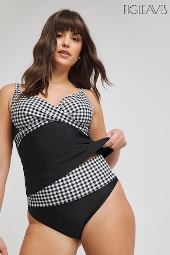 Figleaves Gingham Tailor Underwired Twist Front Tummy Control Black Tankini Top (819654) | £40