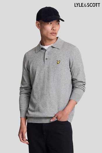 Lyle & Scott Grey Cotton Merino Long Sleeve Knitted Polo Jumper (821558) | £75