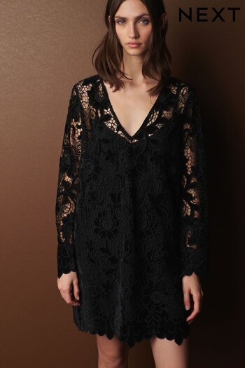 Black Premium Long Sleeve Lace Mini Dress (822384) | £99