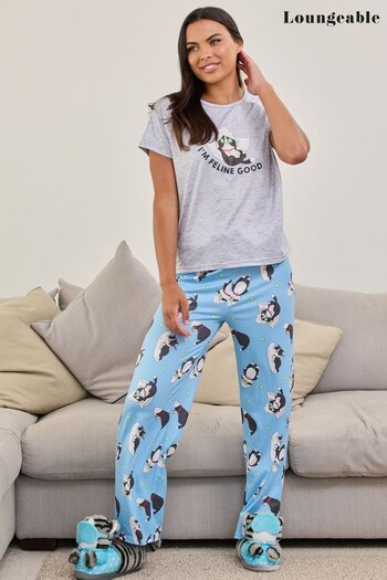 Loungeable Blue Pamper Cat T-Shirt and Long Pant Pyjamas Set (822541) | £22