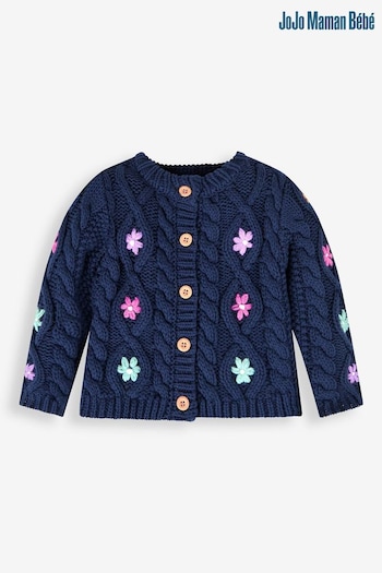 JoJo Maman Bébé Navy Chunky Knit Cardigan With Embroidered Flowers (822571) | £26.50