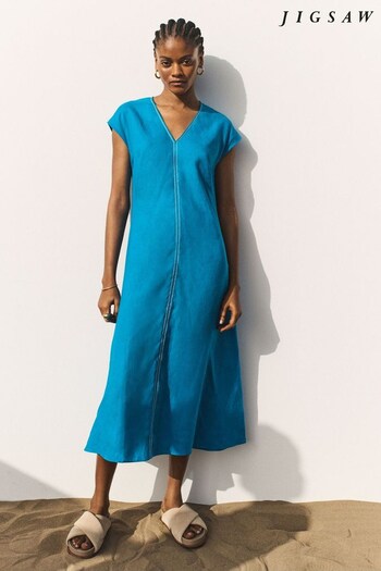 Jigsaw Blue Bias Linen Midi Dress (822821) | £165