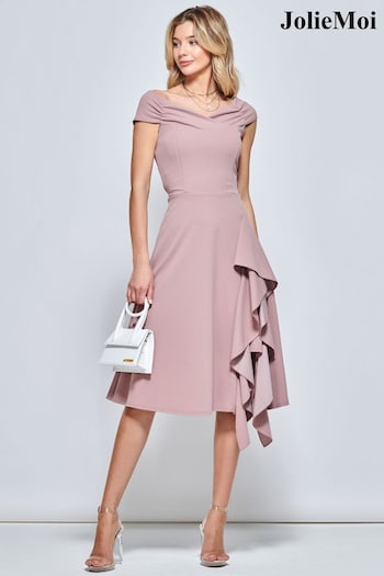 Jolie Moi Pink Skylar Off Shoulder Ruffle Hem Dress (822910) | £68