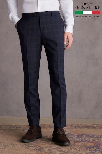 Navy Blue Slim Signature Italian Fabric Check Suit Trousers (823202) | £100