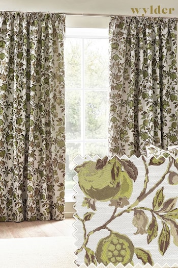 Wylder Nature Green Pomegranate Floral Jacquard Pencil Pleat Curtains (823237) | £64 - £160