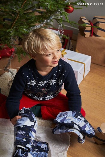 Polarn O Pyret Blue Organic Reindeer & Snowflake Christmas Jumper (823380) | £35