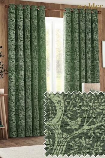Wylder Nature Green Pomegranate Floral Jacquard Pencil Pleat Curtains (823502) | £62 - £155