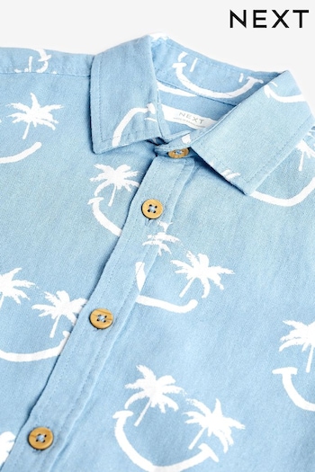 Aqua Blue Smiles Short Sleeve Blended Linen Printed Shirt (3-16yrs) (824170) | £12 - £17