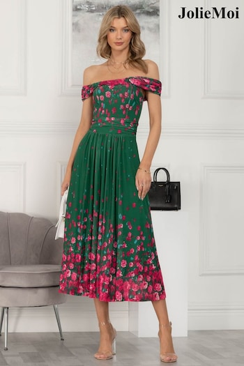 Jolie Moi Green Oliana Mesh Bardot Neckline Dress (824216) | £65