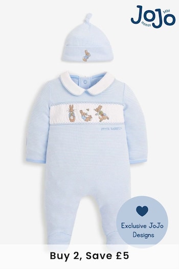 JoJo Maman Bébé Blue 2-Piece Peter Rabbit Smocked Baby Sleepsuit & Hat Set (8245M2) | £26