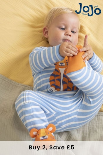 JoJo Maman Bébé Blue Tiger Appliqué Zip Cotton Baby Sleepsuit (824636) | £21