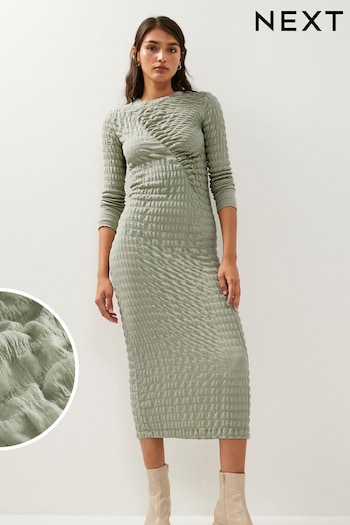 Sage Green Long Sleeve Ruched Detail Textured Midi Dress (825265) | £35