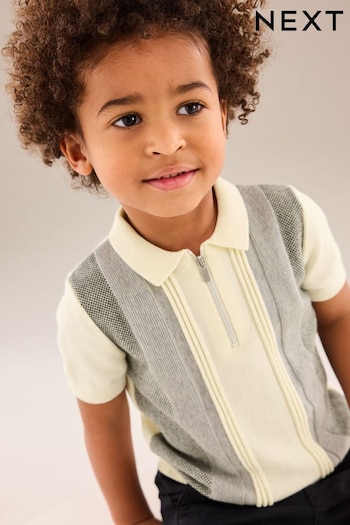 Grey/Ecru White Zip Neck Knitted Inactive Polo Shirt (3mths-7yrs) (826114) | £12 - £14
