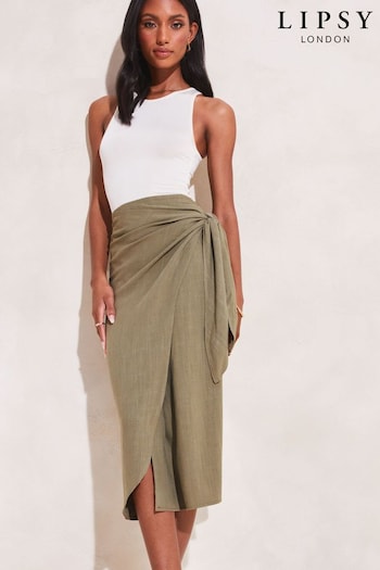 Lipsy Khaki Green Tall Tie Waist Wrap Midi Skirt (827017) | £35