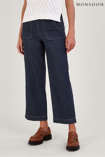Monsoon Blue Harper Crop Wide Leg Pull-On Jeans linen (827308) | £59