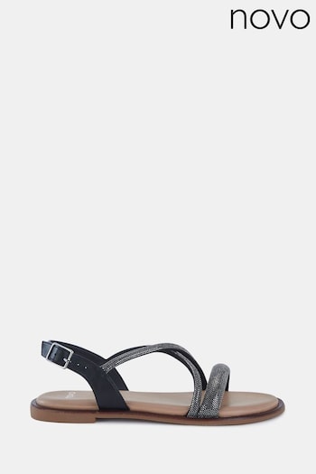 Novo Black Twinkle Diamante Trim Flat Sandals (828818) | £36