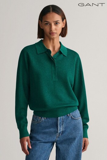 GANT Green Metallic Knitted Polo Top (829339) | £140