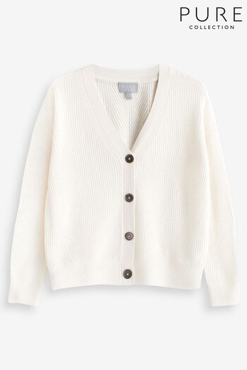 Pure Collection Wool Blend Ribbed V-Neck White Cardigan with Cashmere (829783) | £99