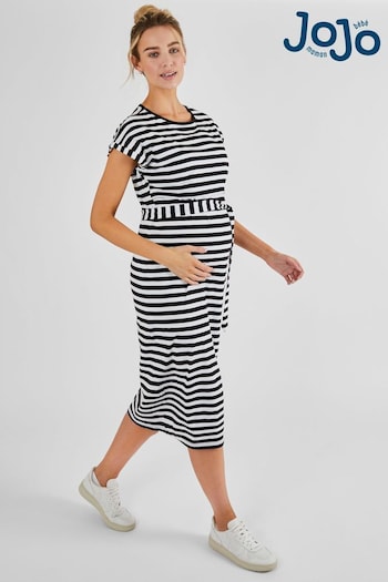 JoJo Maman Bébé Black Cream Stripe Maternity & Nursing Midi T-Shirt Dress (829803) | £36
