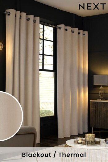 Oatmeal Natural with Pewter Eyelets Matte Velvet Blackout/Thermal Eyelet Curtains (830895) | £50 - £135